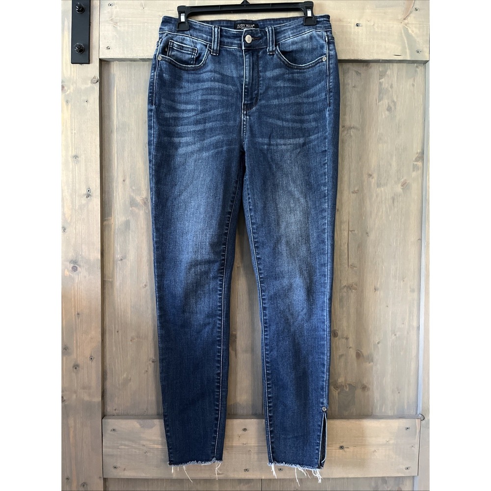 Judy Blue High‎ Waist Side Slit Raw Hem Skinny Jeans 7/28 Dark Wash JB82424DK